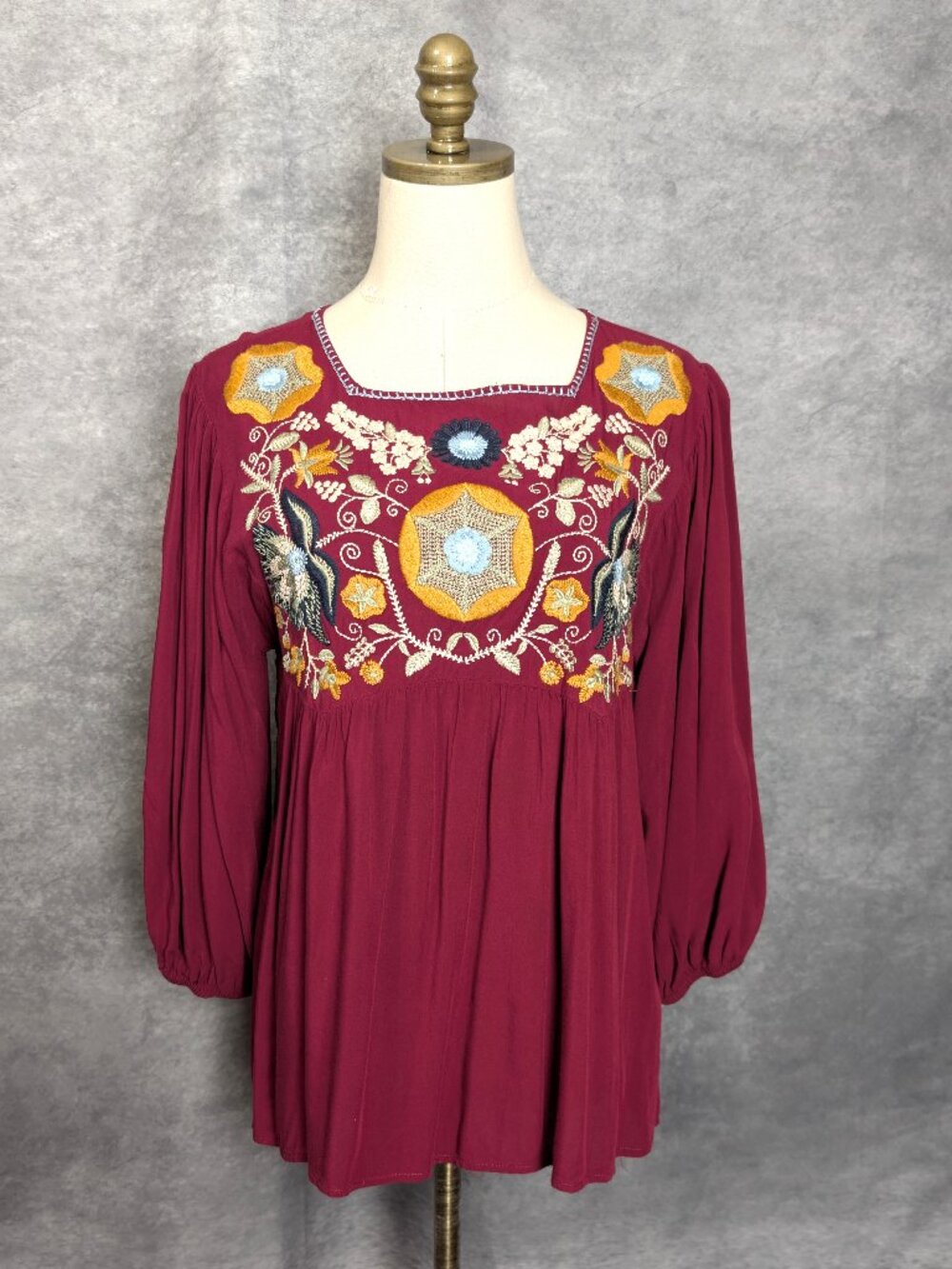 Entro Burgundy Embroidered Blouse S Boho Mexican Peasant Tunic Top Rayon Gypsy
